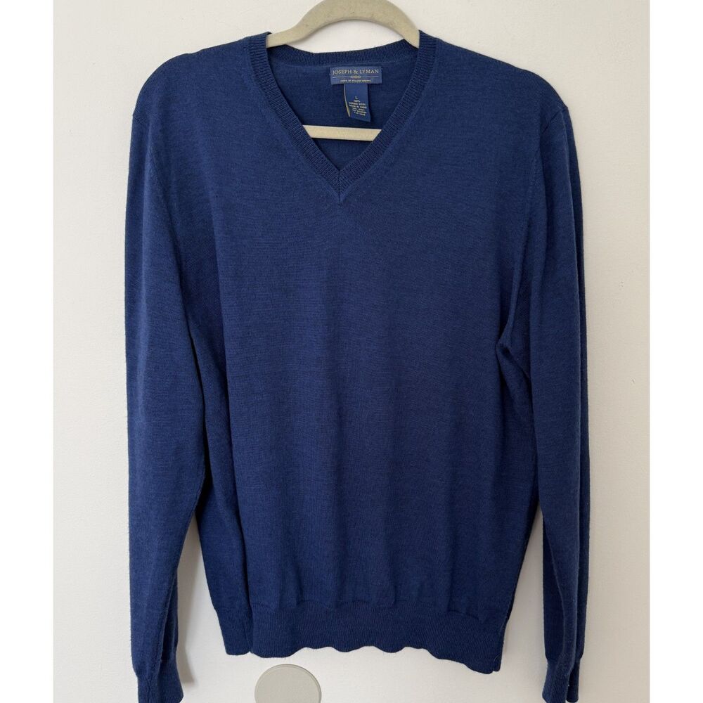 Joseph & Lyman Blue Italian Merino Wool V-Neck Pullover Sweater Office L - Flaw